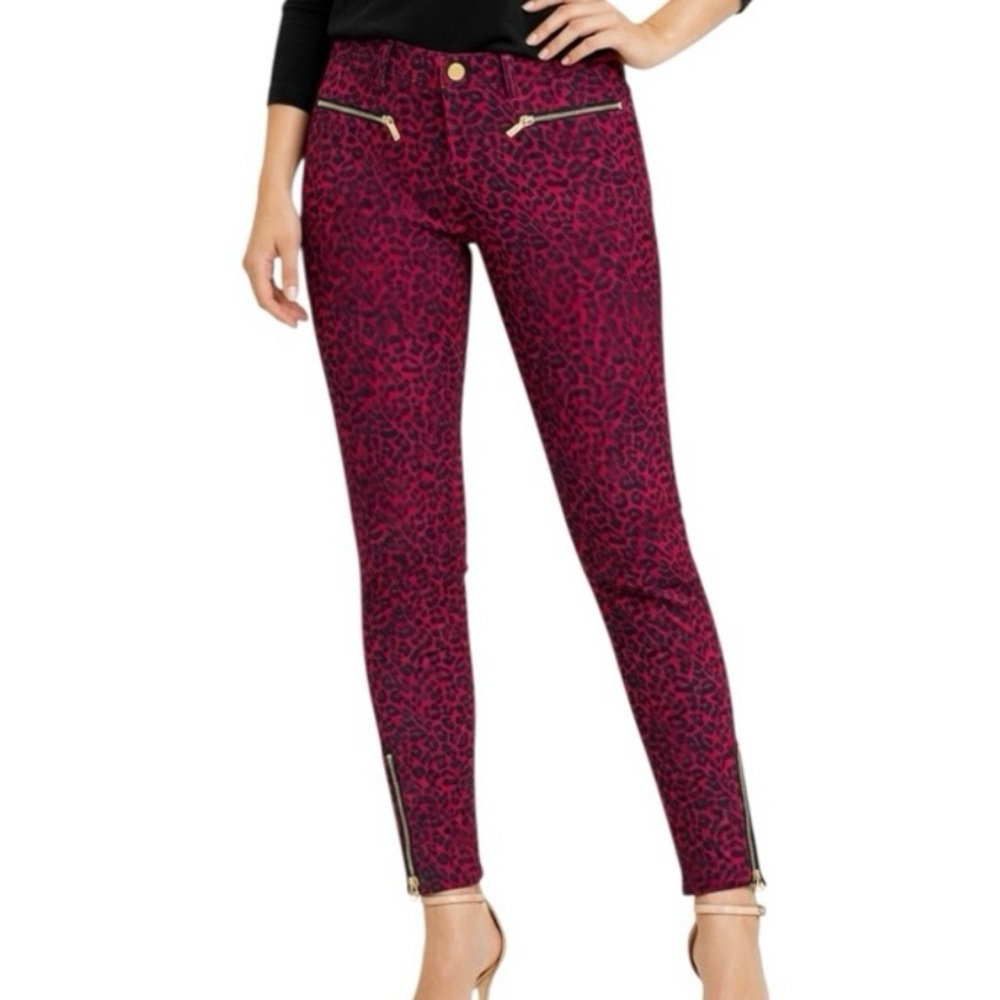 Michael Kors Skinny Jeans Women’s 6 Red & Black Animal Print w Gold Zippers Edgy